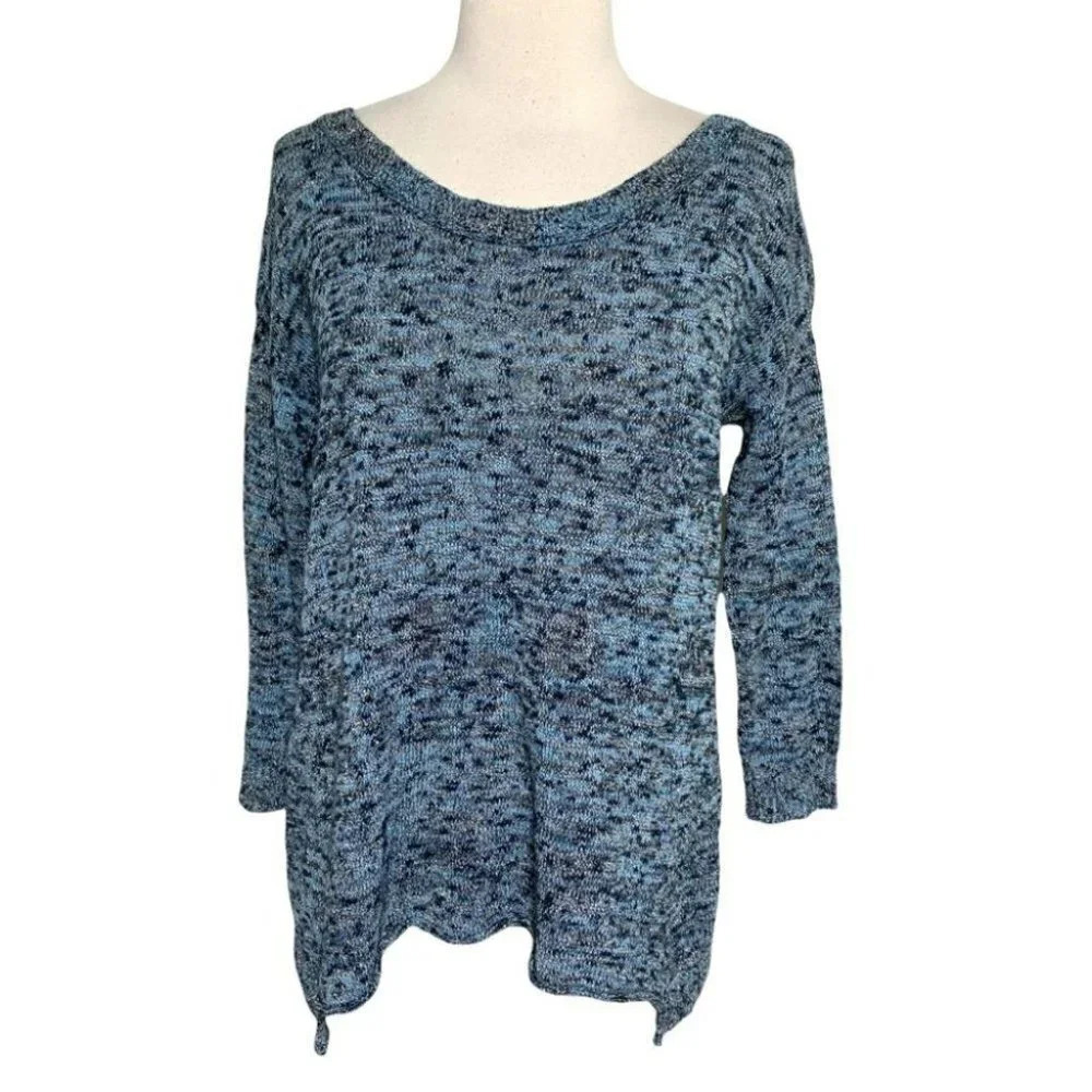 American Eagle Sweater S Blue Space Dye Sharkbite Hem Scoop Neck 3/4 Sleeve